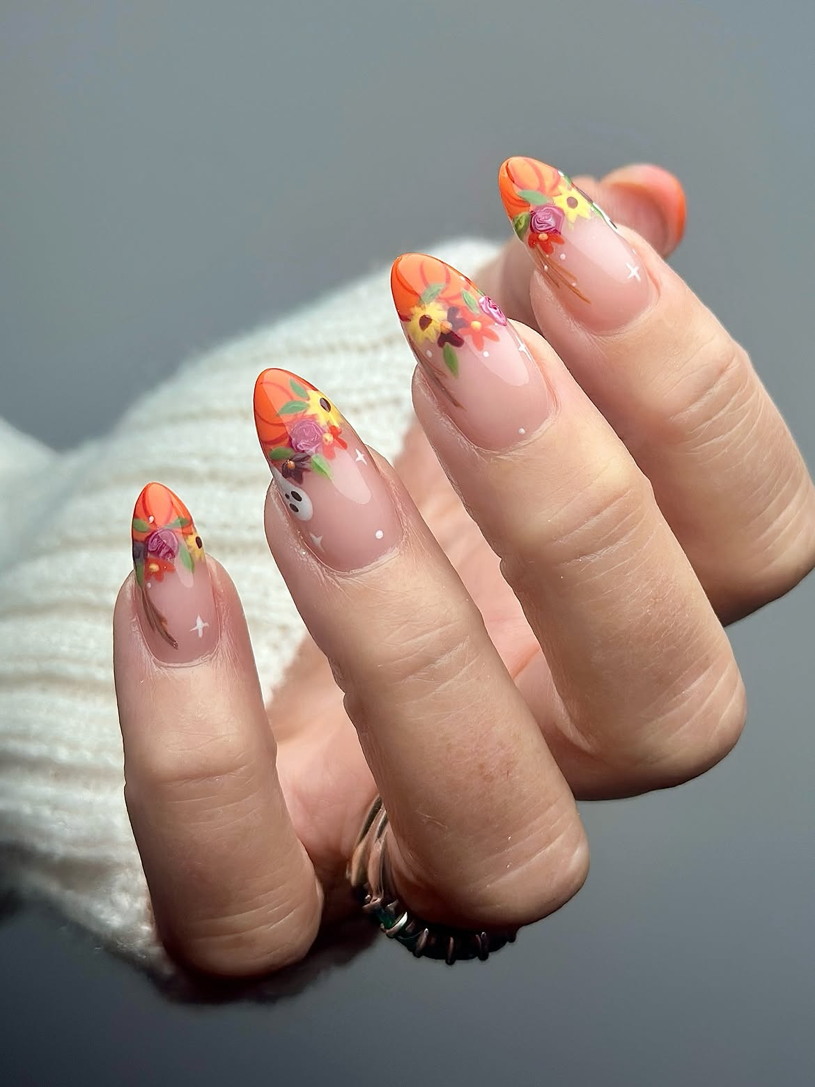 Pumpkin Floral French Tip Almond Nails