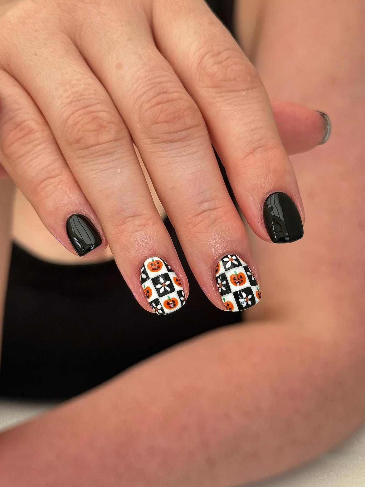 Pumpkin Patch Black & White Checkerboard Nails
