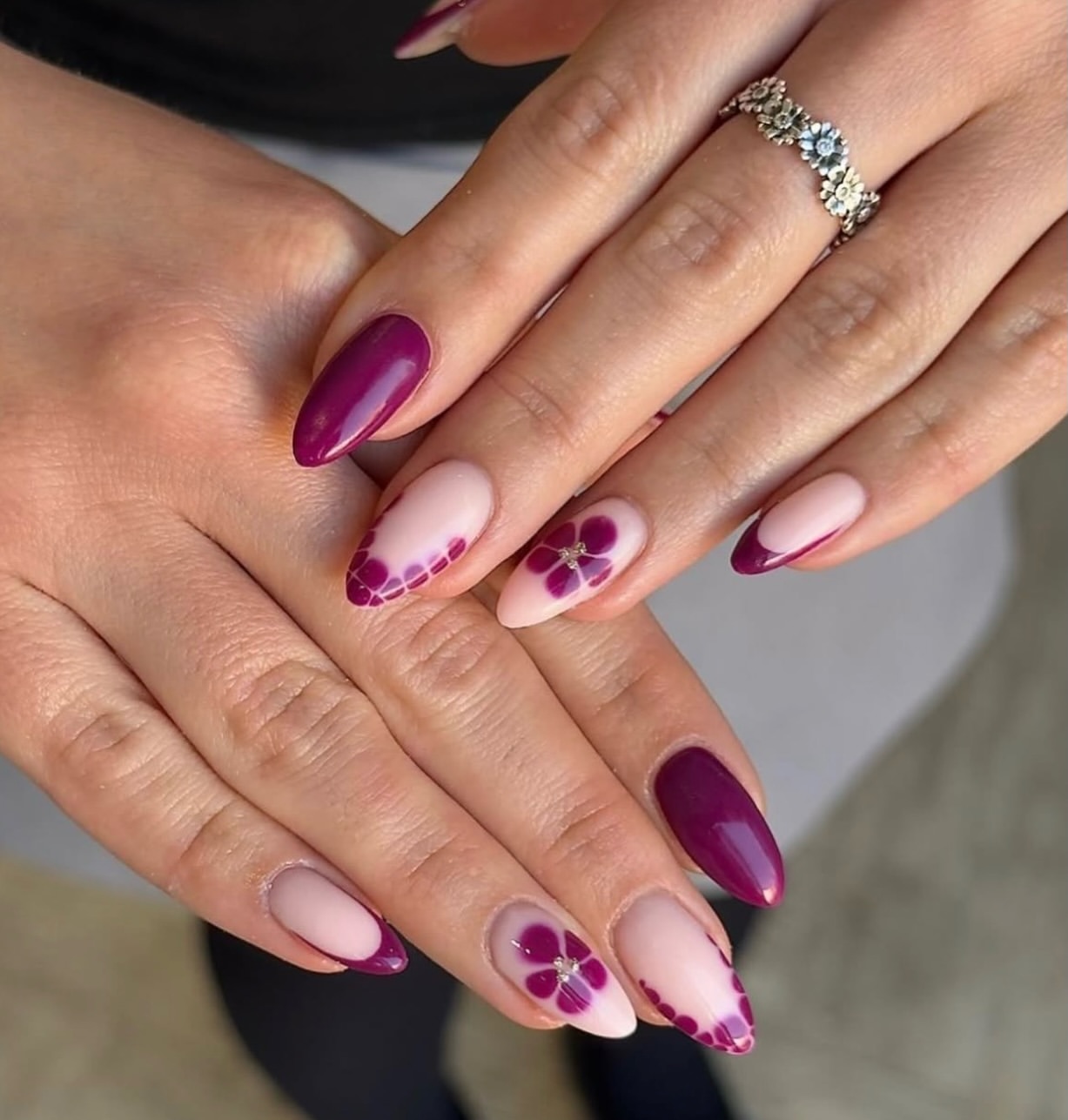 Purple Floral Almond French Tips