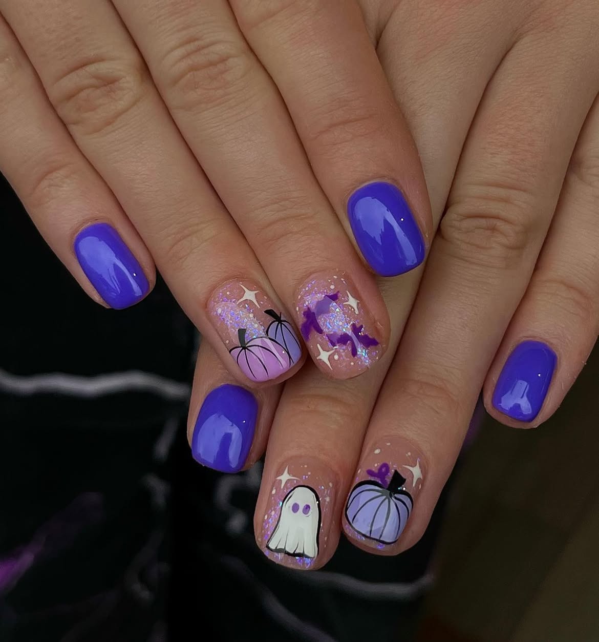 Purple Halloween Ghost and Pumpkin Nail Art