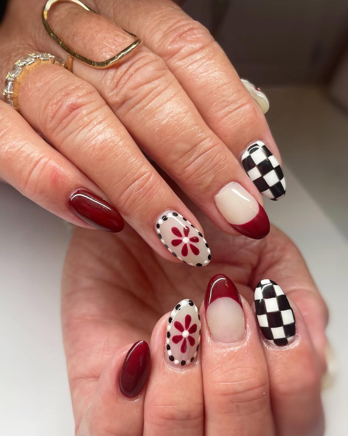Retro Cherry Red & Checkerboard French Tips