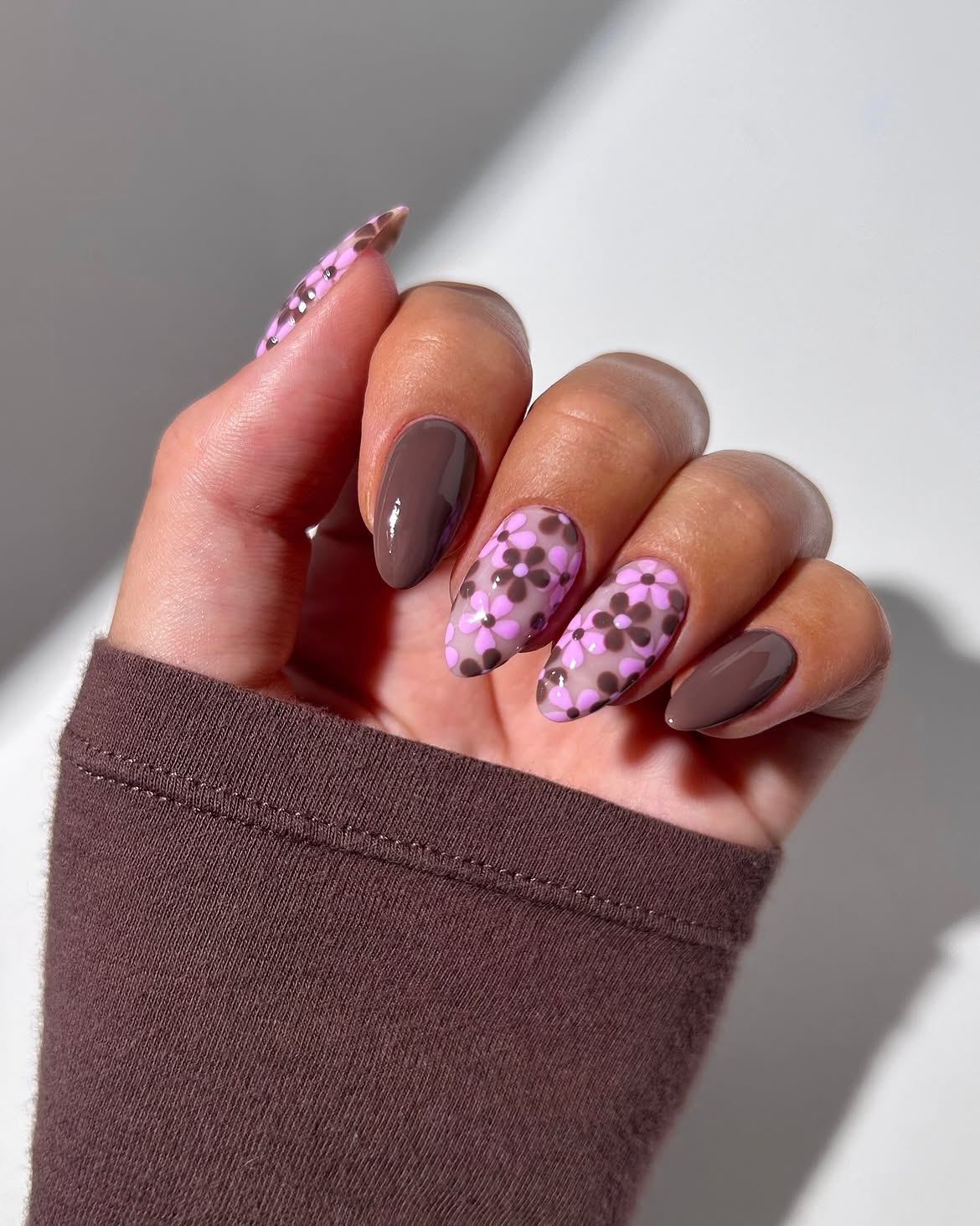 Retro Floral Almond Nails in Brown and Lilac