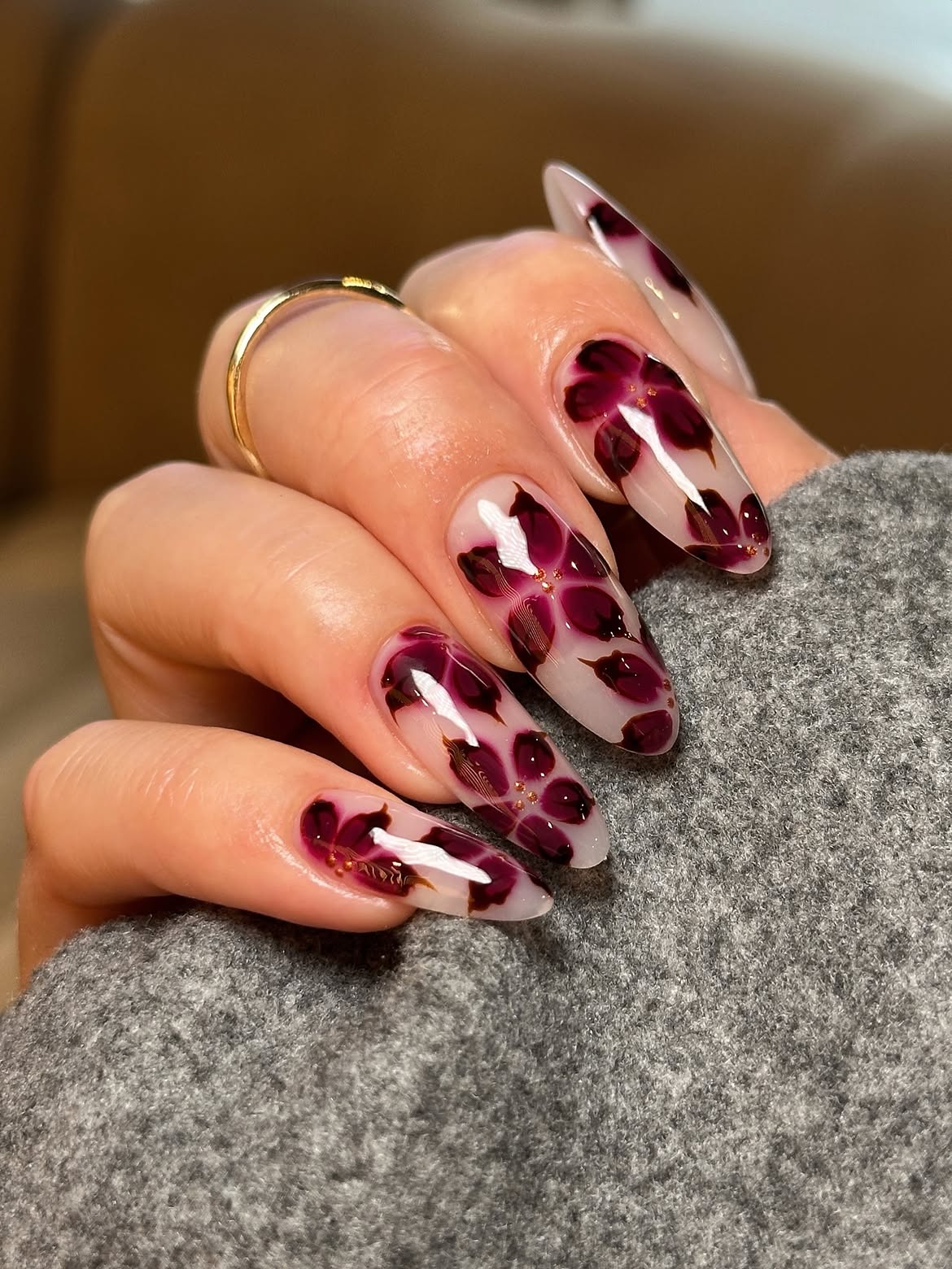 Rich Burgundy Petal Aura Almond Nails
