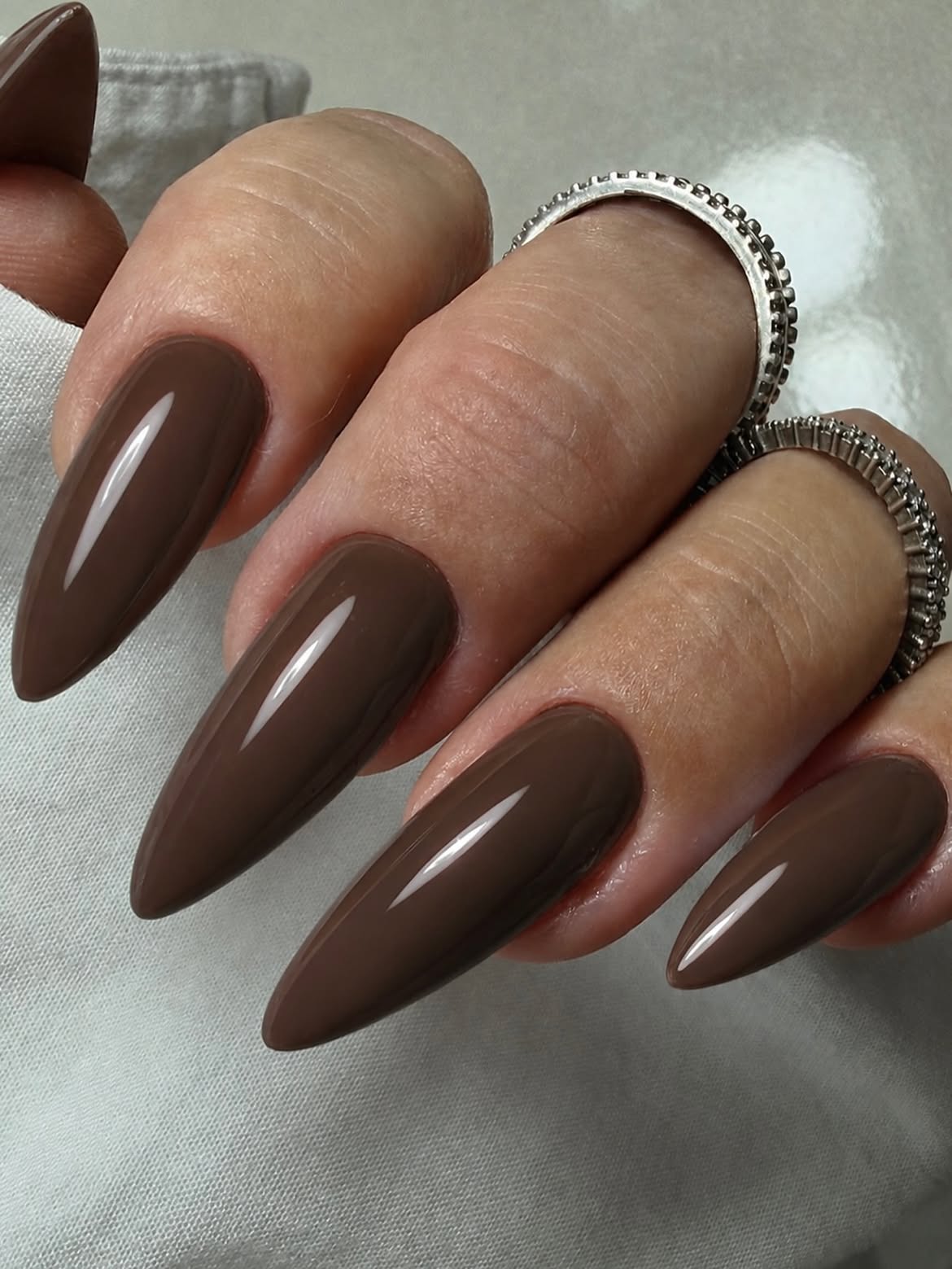 Rich Chocolate Brown Glossy Stiletto Nails