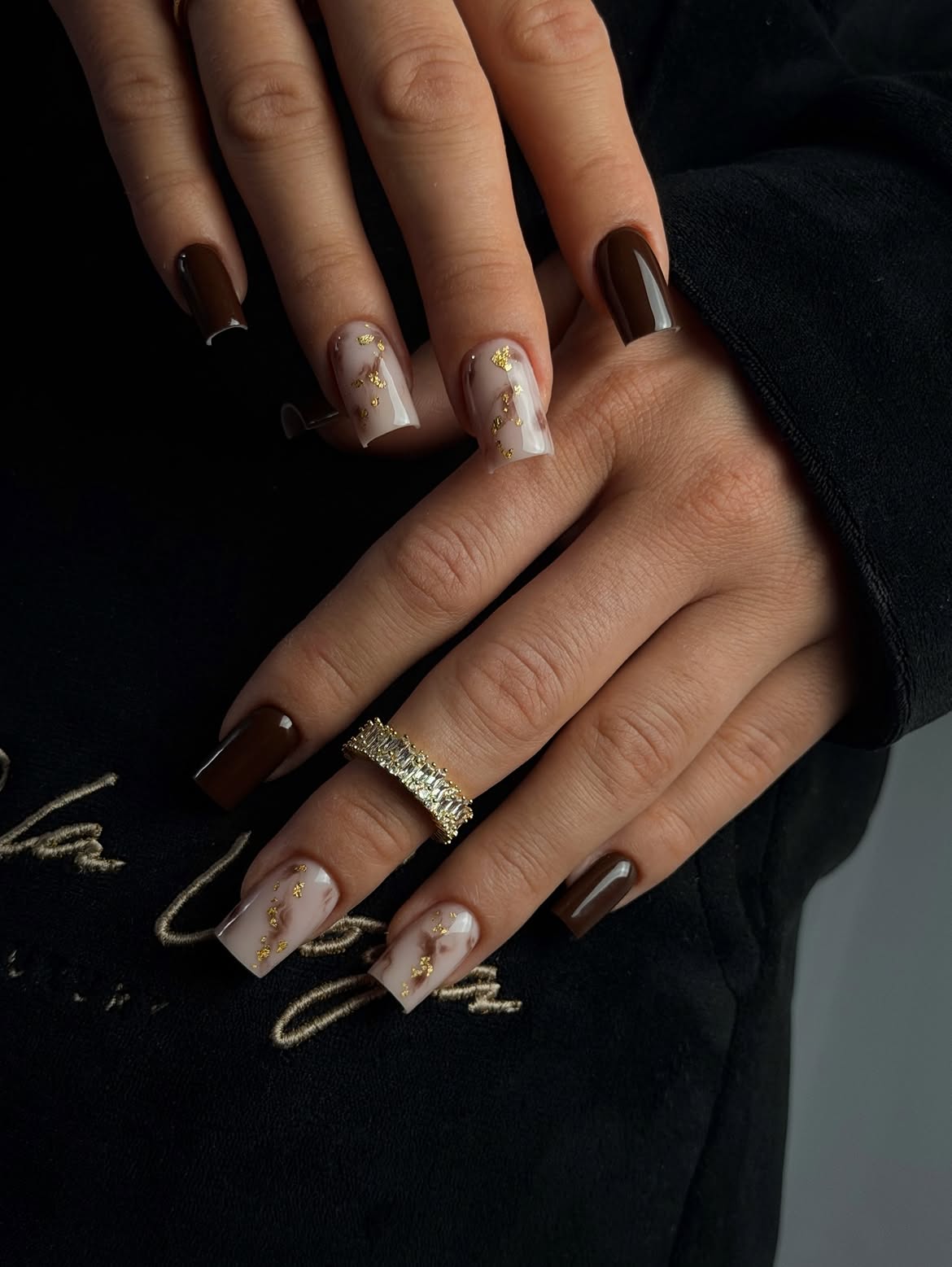 Rich Chocolate Marble Gold Flake Coffin Nails