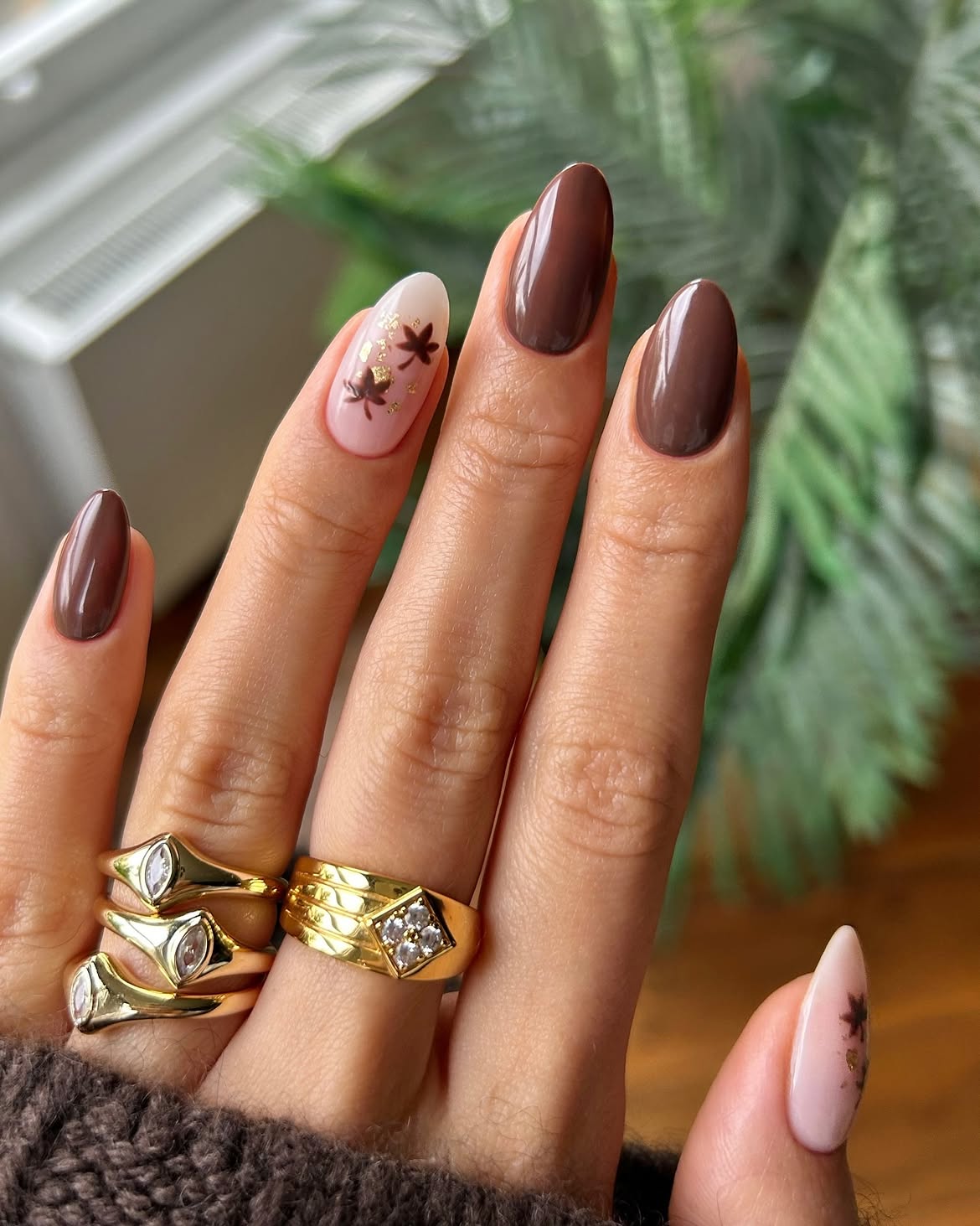 Rich Chocolate & Pastel Fall Leaf Nails