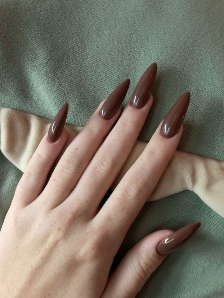 Rich Chocolate Stiletto Nails With High Gloss