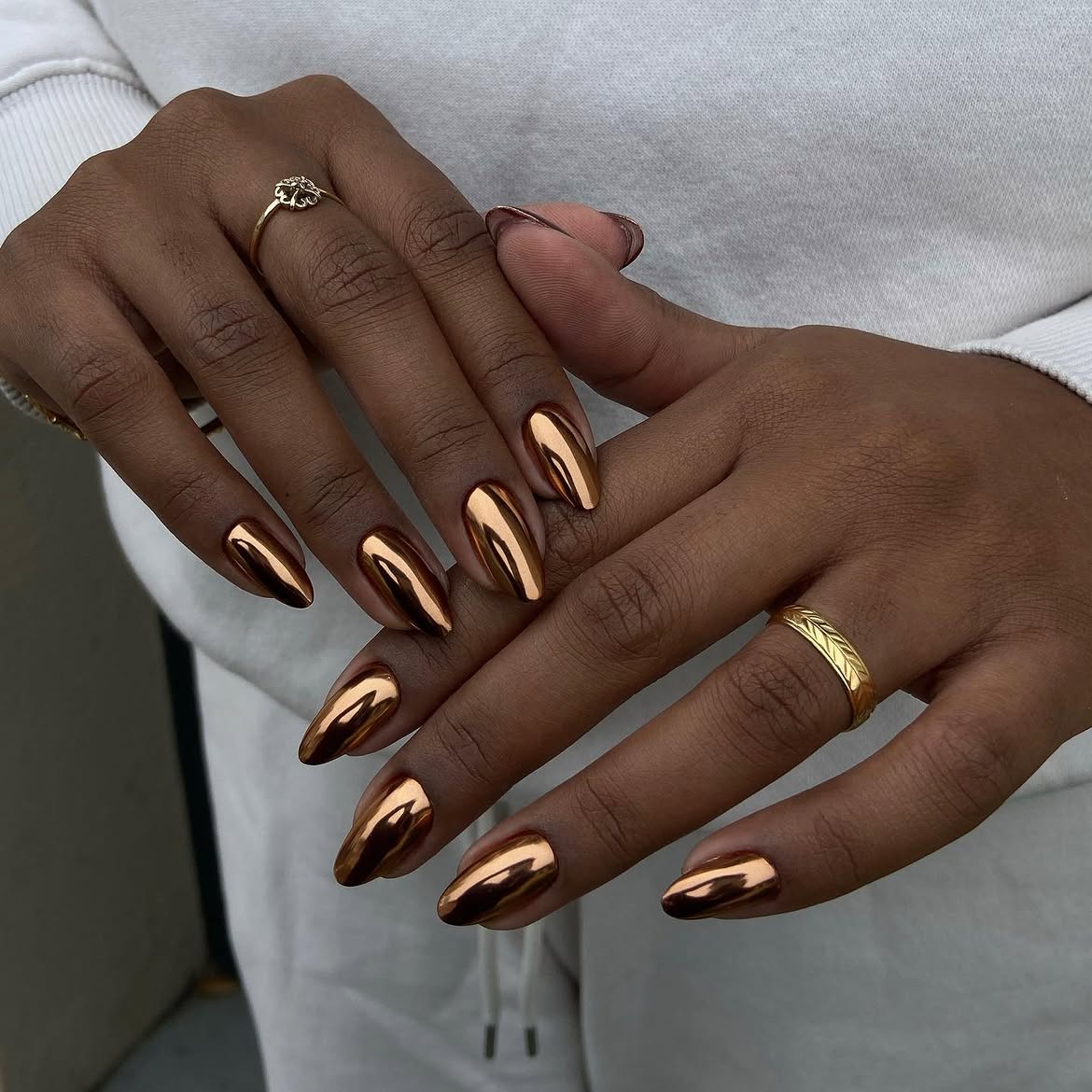Rich Copper Chrome Almond Nails