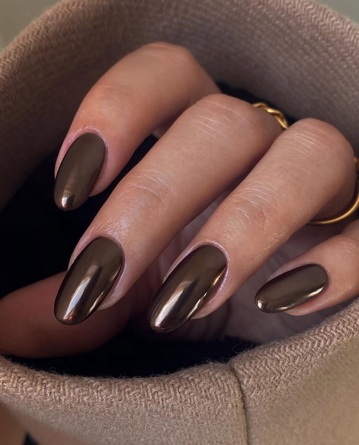 Rich Espresso Bean Chrome Almond Nails