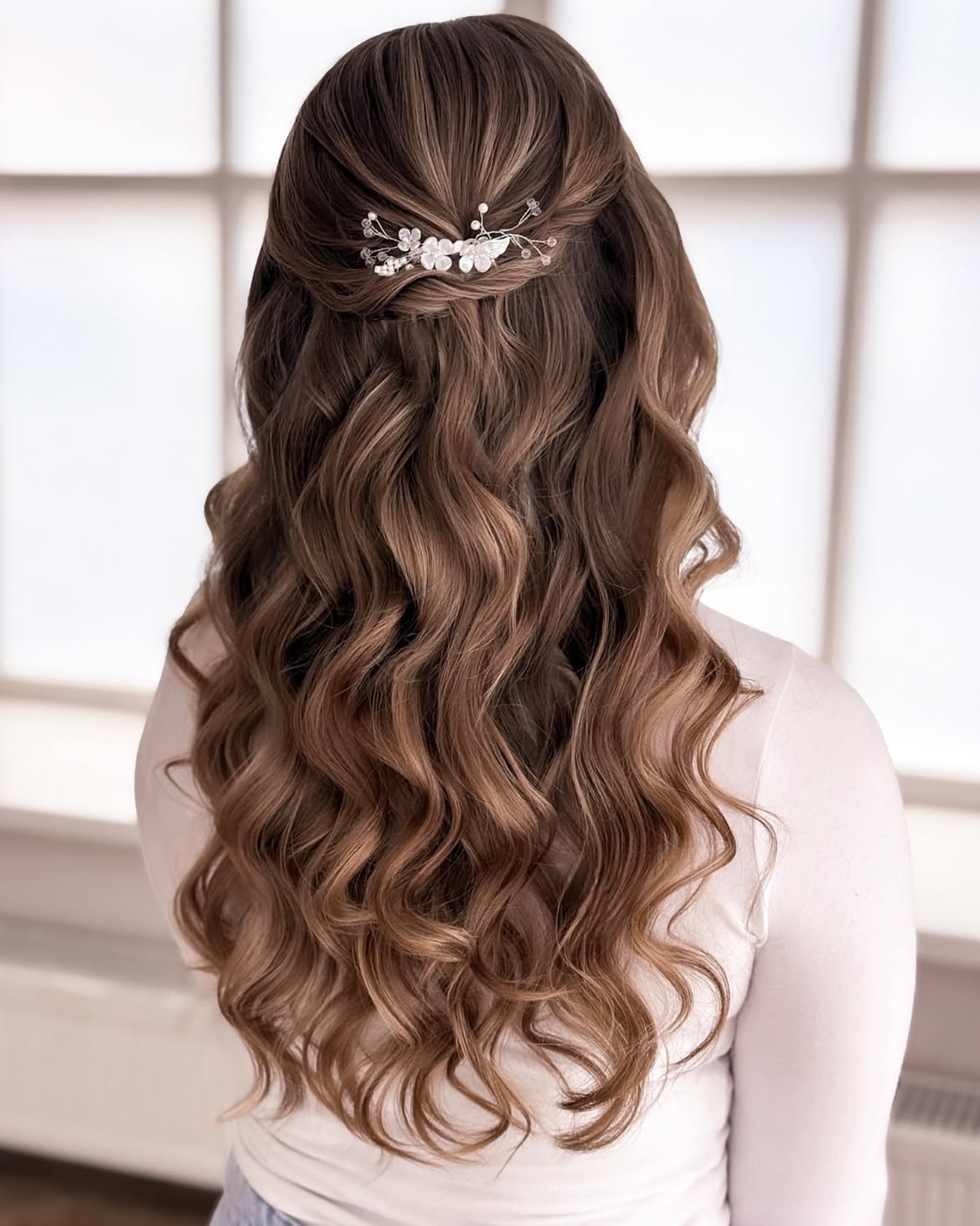 Romantic Floral Half-Up Waves With Pearl Accent