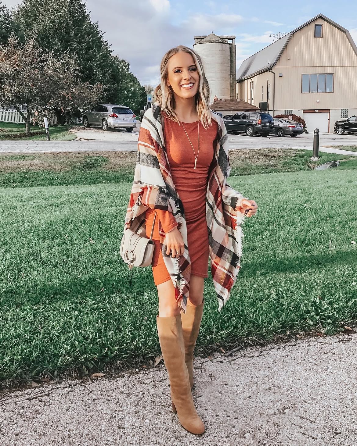 Rust Knit Dress With Plaid Scarf And Knee-High Boots