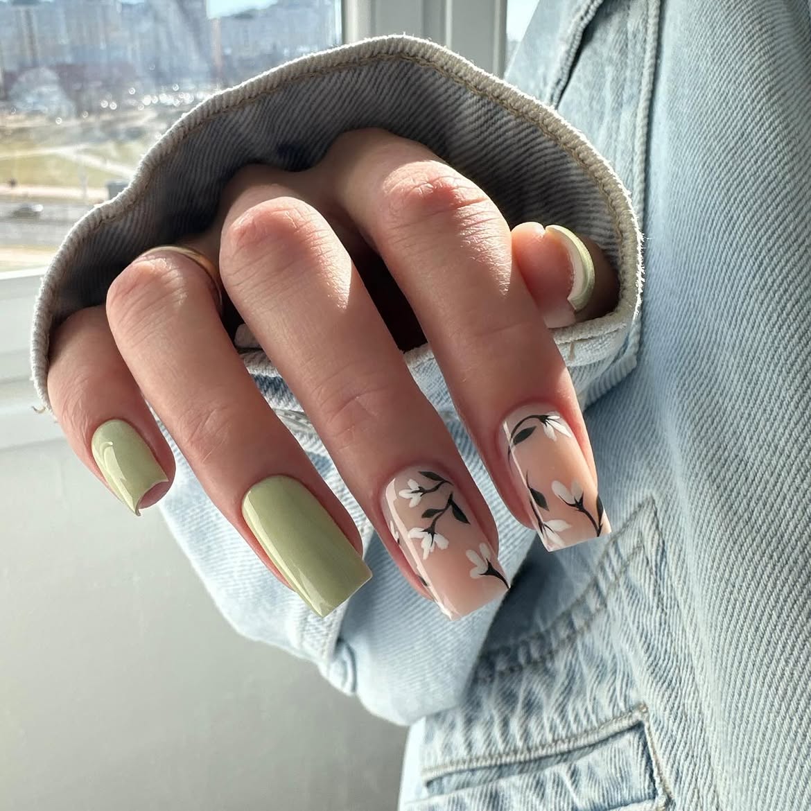 Sage Green Floral French Tip Nails