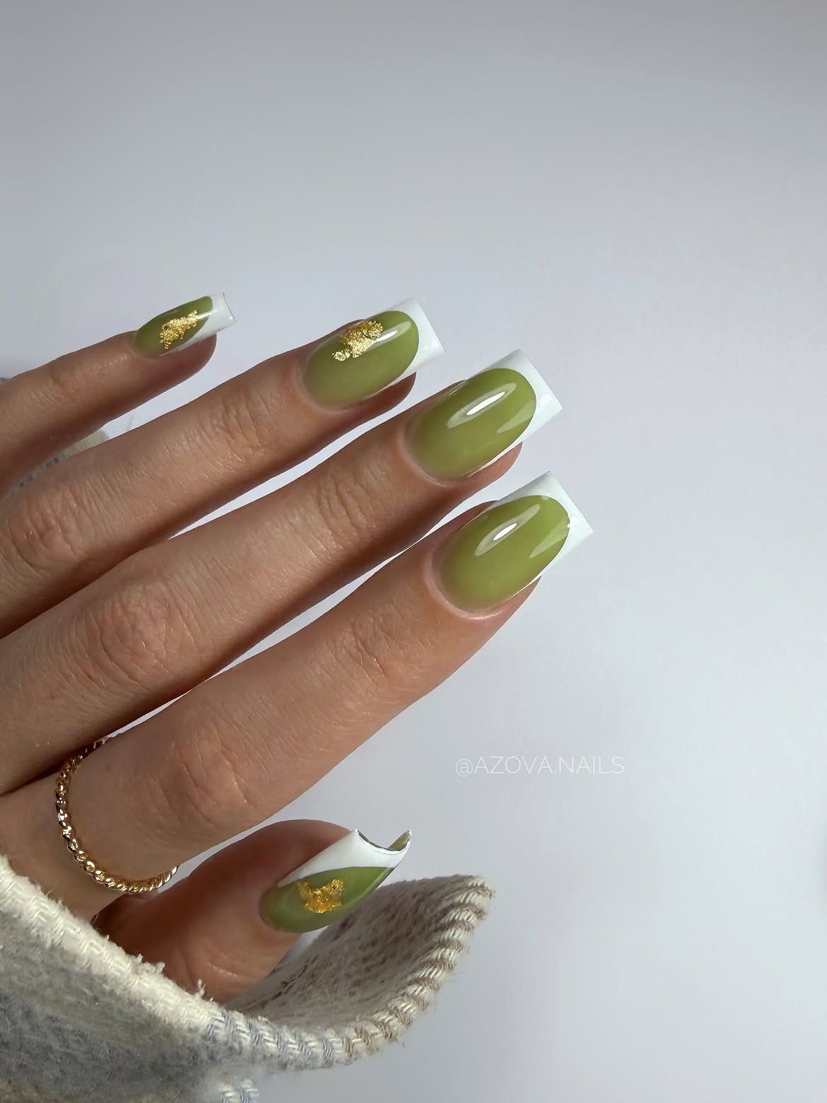 Sage Green French Tips with Gold Leaf Accent
