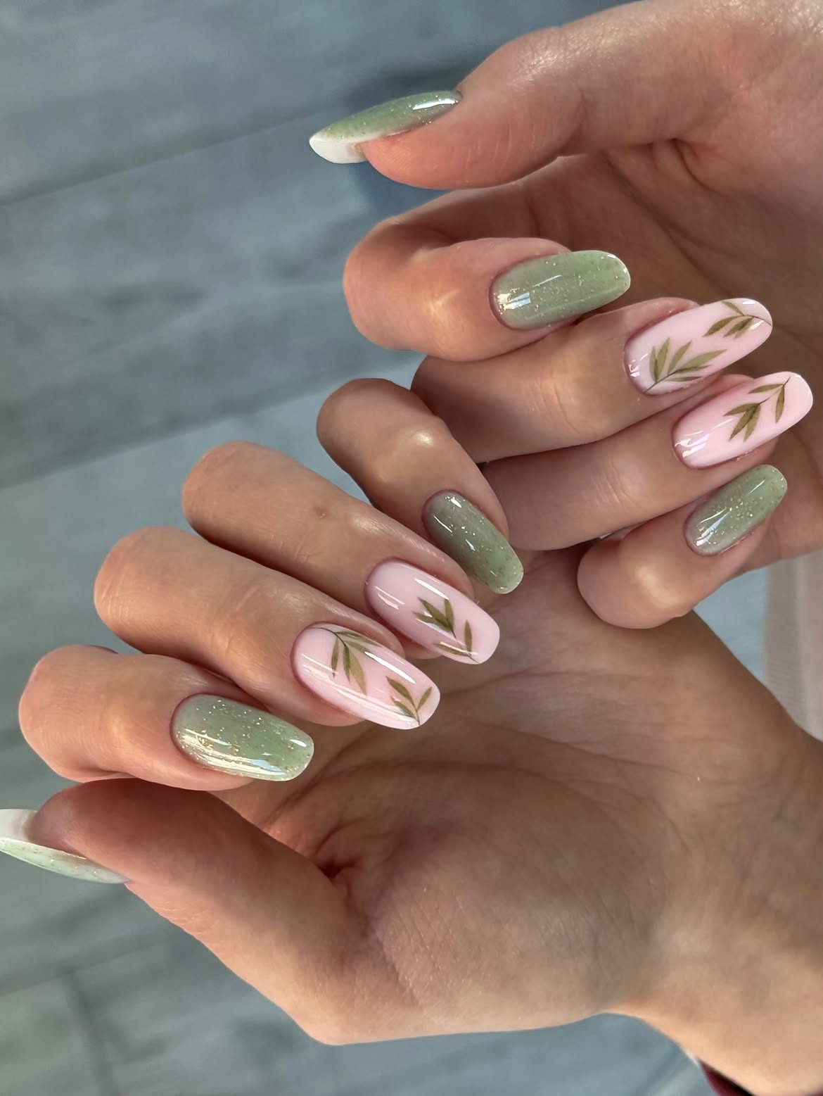Sage Green Glitter and Pink Leaf Accent Nails