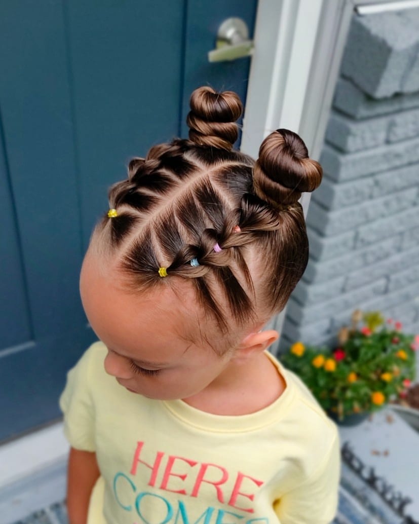 Sectioned Space Buns With Colorful Elastic Accents
