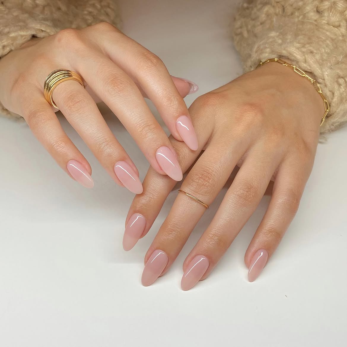 Sheer Blush Nude Almond Glossy Nails