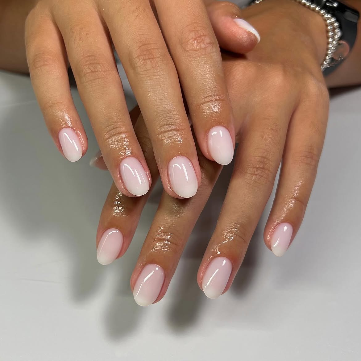 Sheer Milky Pink Ombre Short Oval Nails