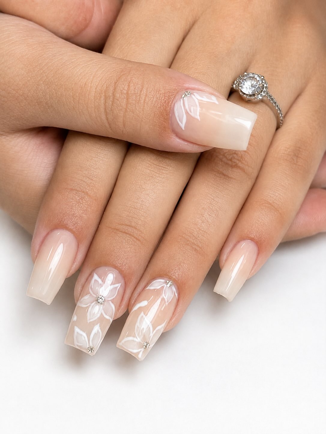 Sheer Nude Floral Accent Nails with Diamonds