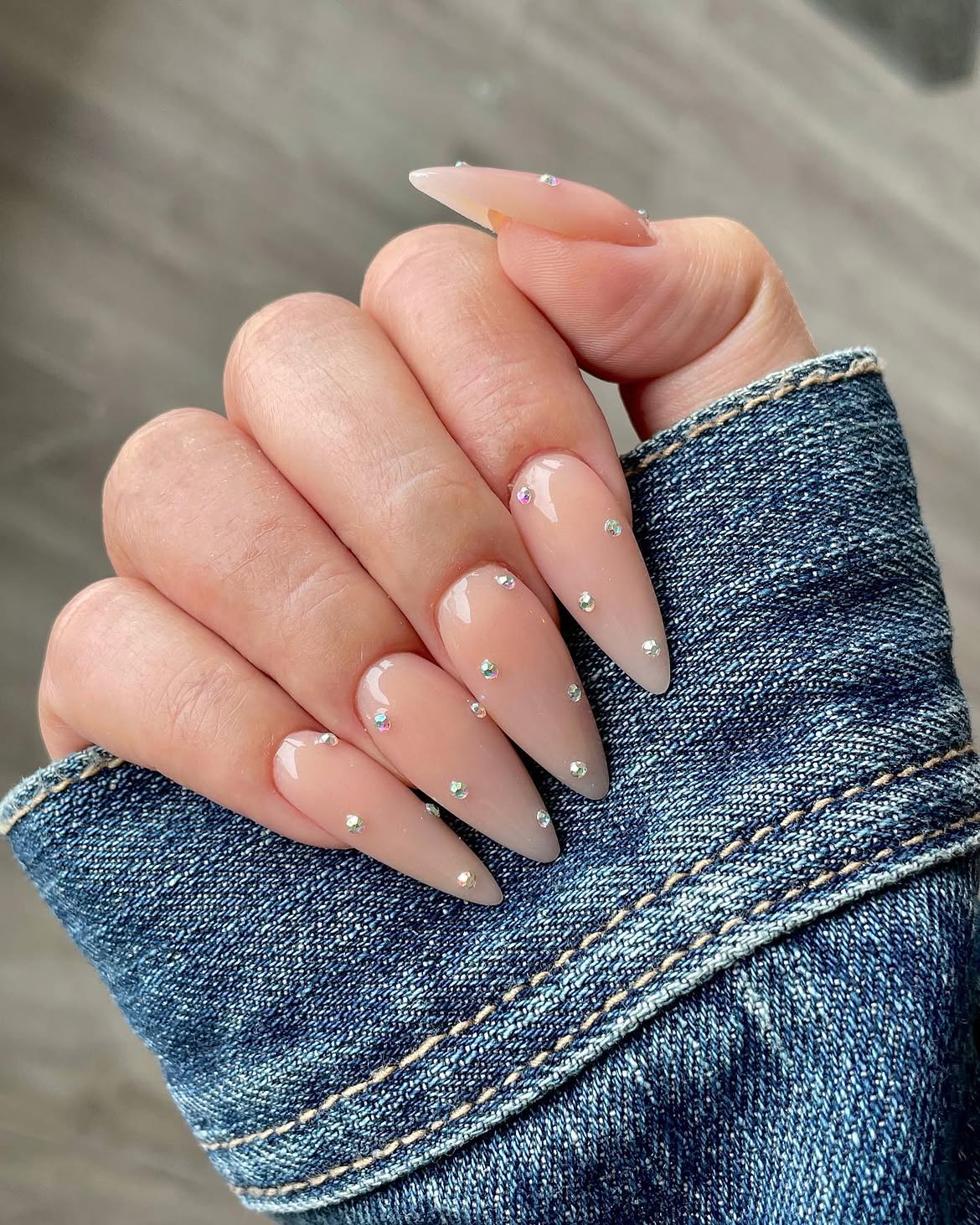 Sheer Nude Stiletto Nails with Rhinestone Accents