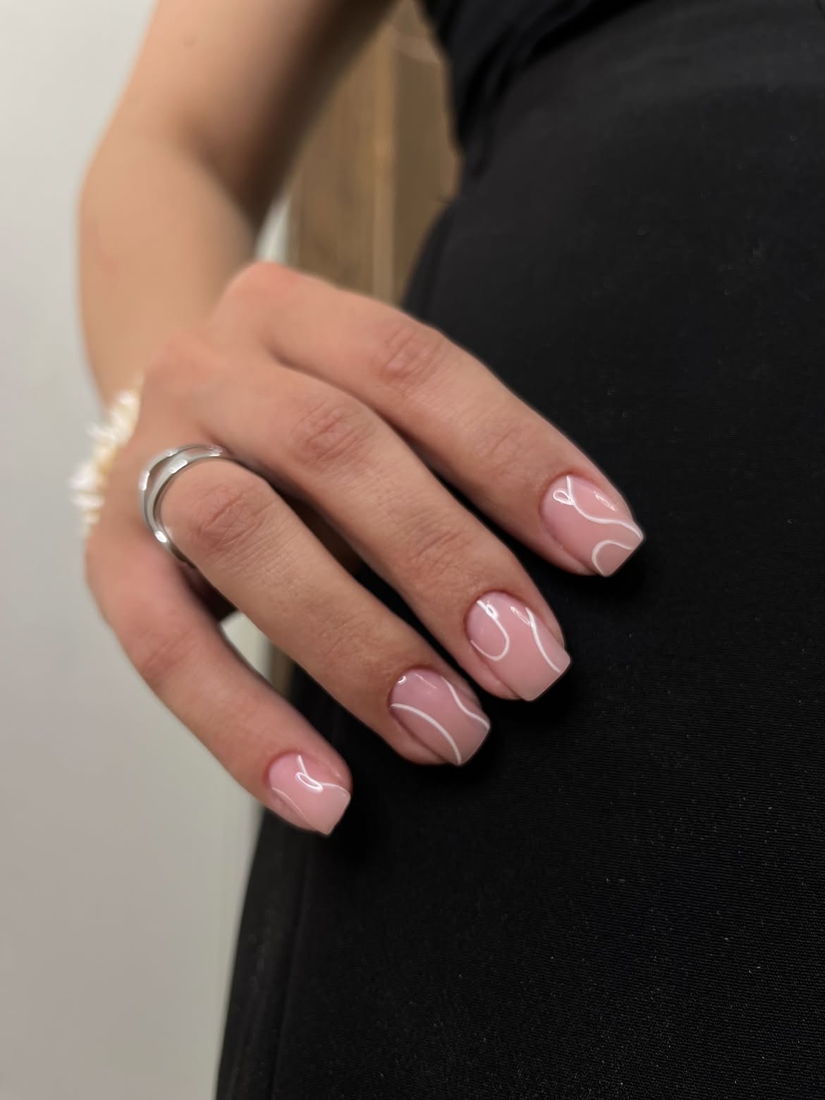 Short Square Pink Nails with White Swirl Art