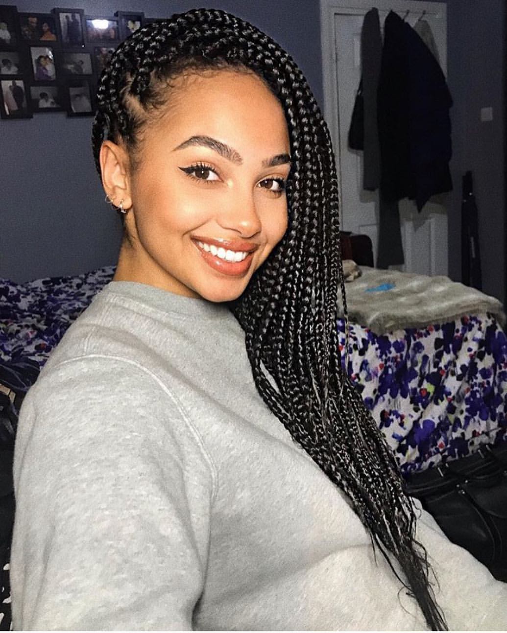 Side Swept Box Braids For Long Hair