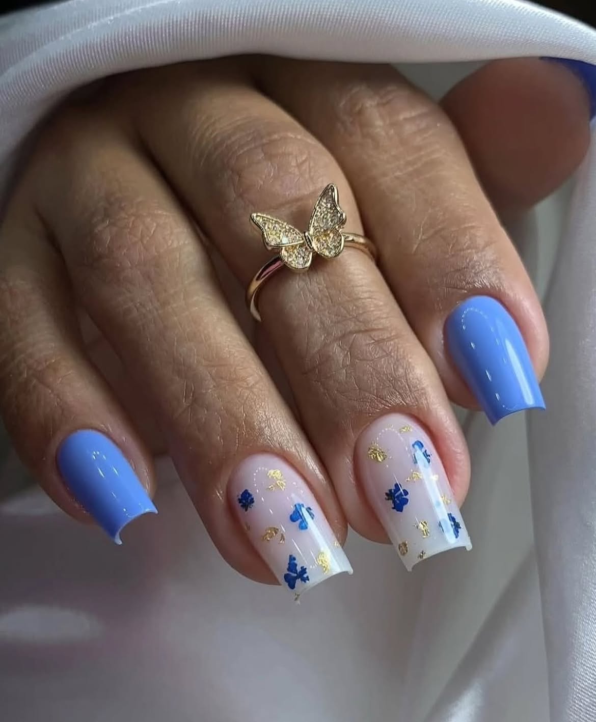 Sky Blue French Tip With Floral Gold Accents