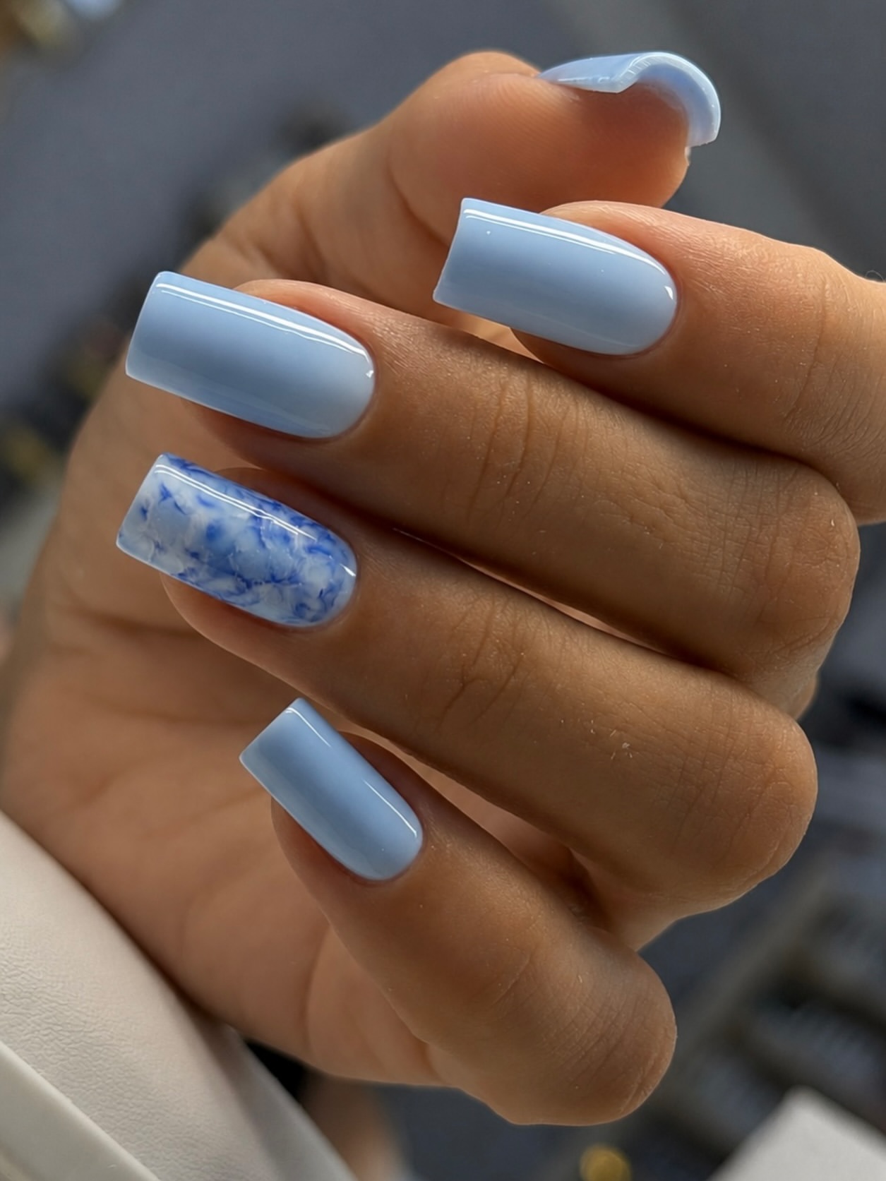 Sky Blue Marble Square Coffin Nails
