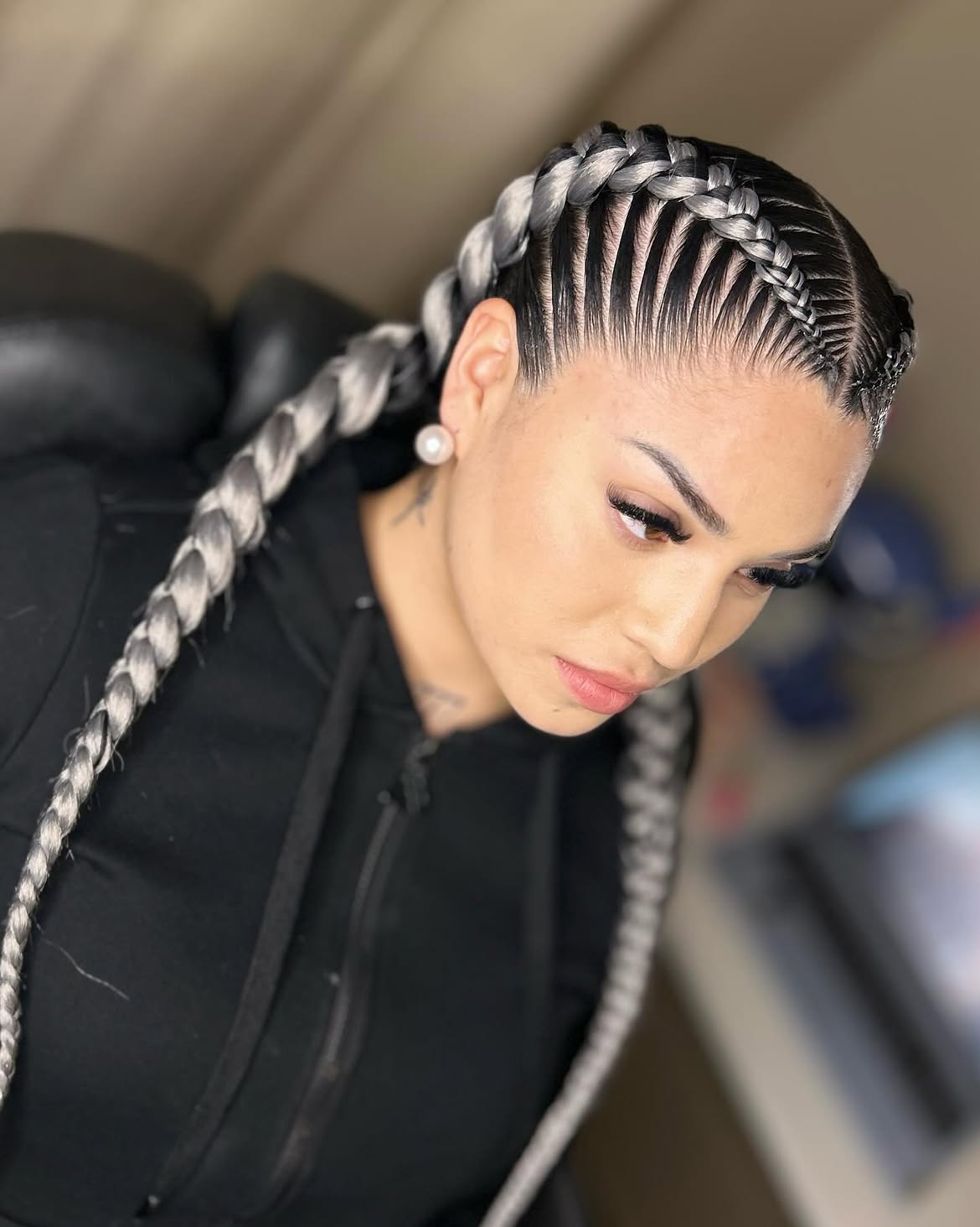Sleek Double Dutch Braids With Silver Highlights