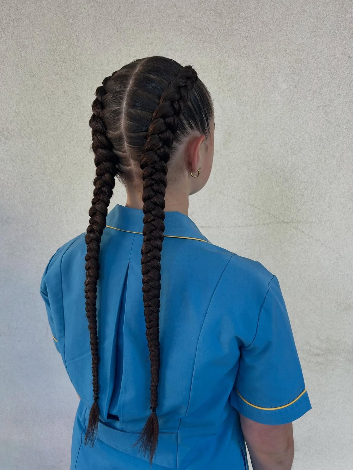 Sleek Dual Dutch Braids On Long Dark Hair