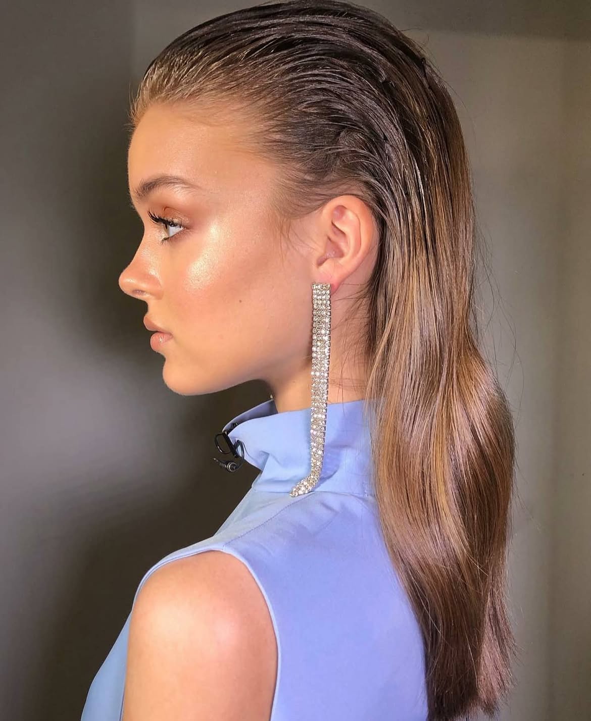 Sleek Wet Look Ponytail With Subtle Honey Highlights