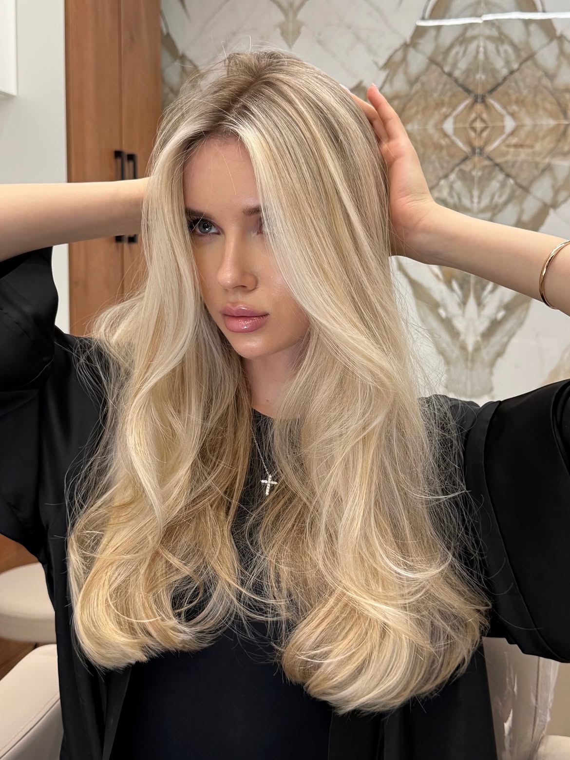 Soft Curtain Bangs On Bright Scandi Blonde Layers