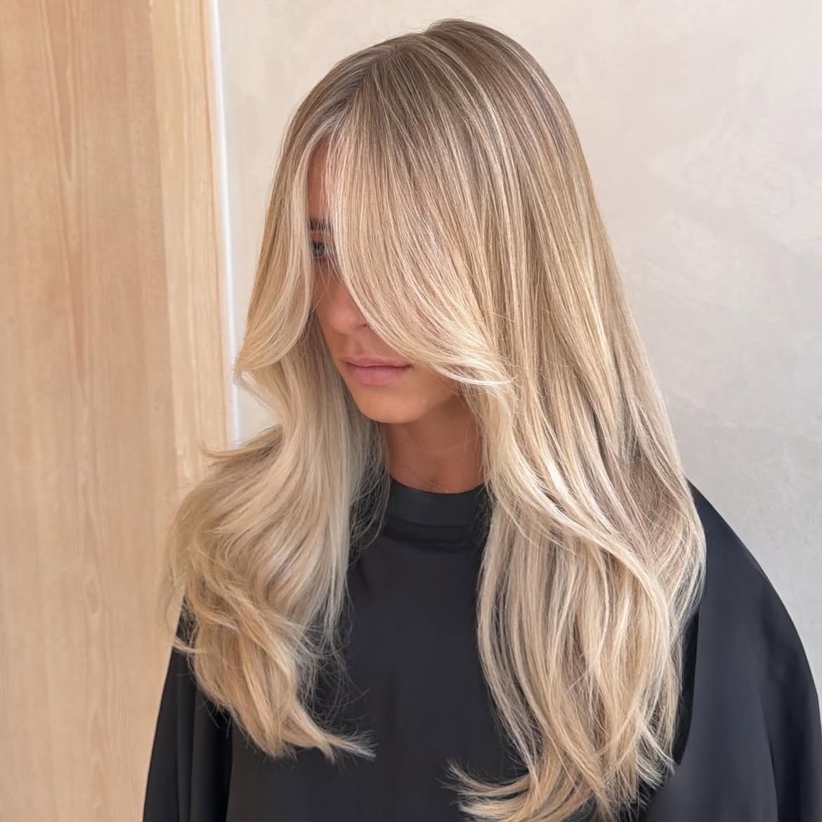 Soft Curtain Bangs On Dimensional Scandi Blonde Layers