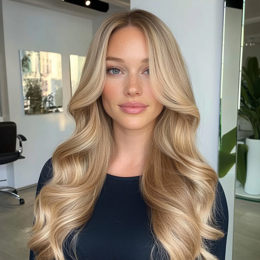 Soft Curtain Bangs On Golden Blonde Layers