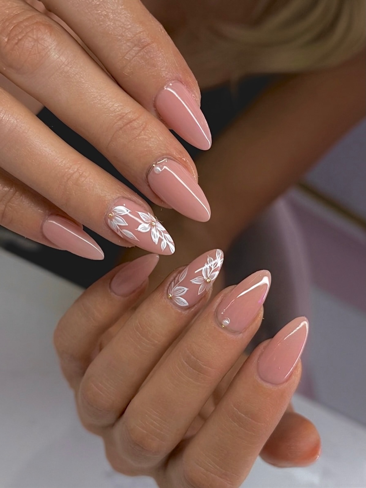 Soft Nude Floral Almond Nails with Pearls