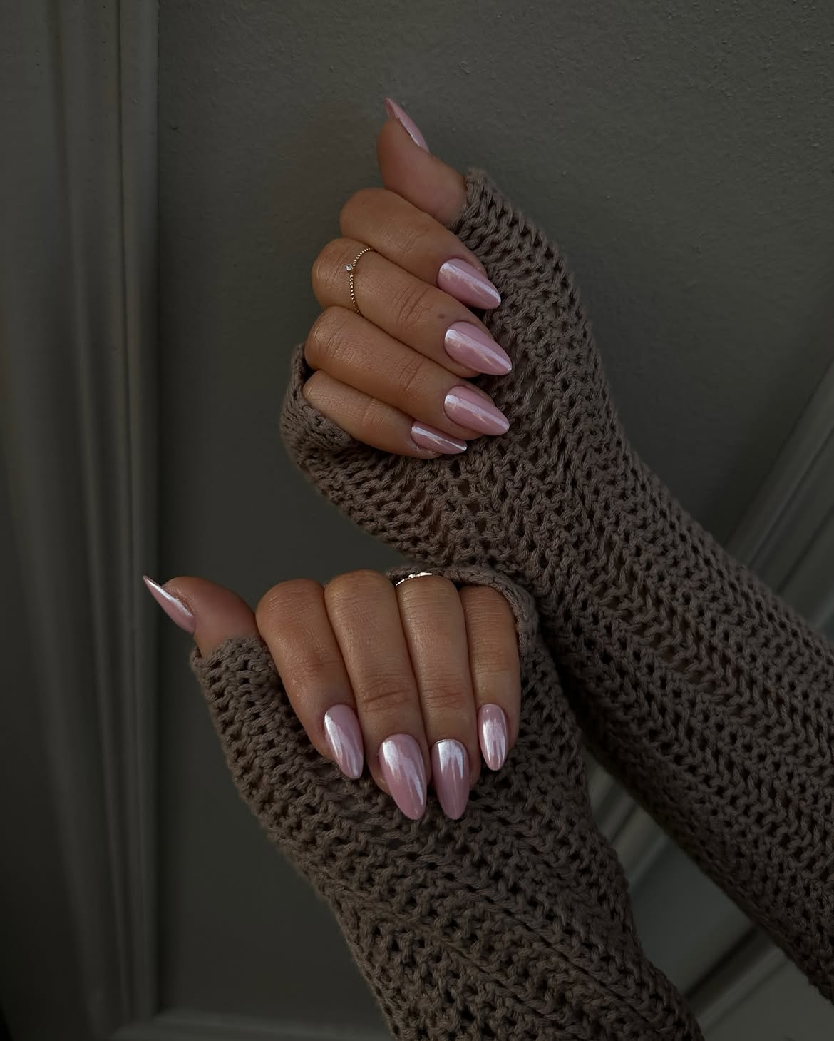 Soft Pink Chrome Almond Nails