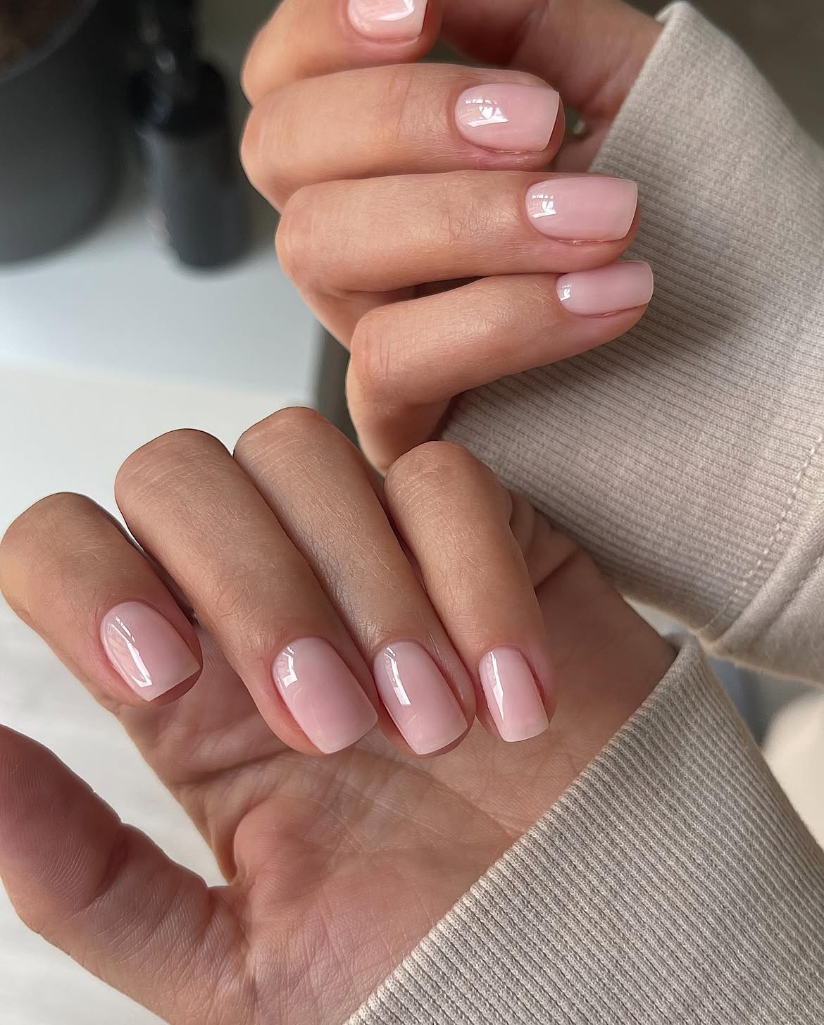 Soft Pink Milky Glossy Short Square Nails