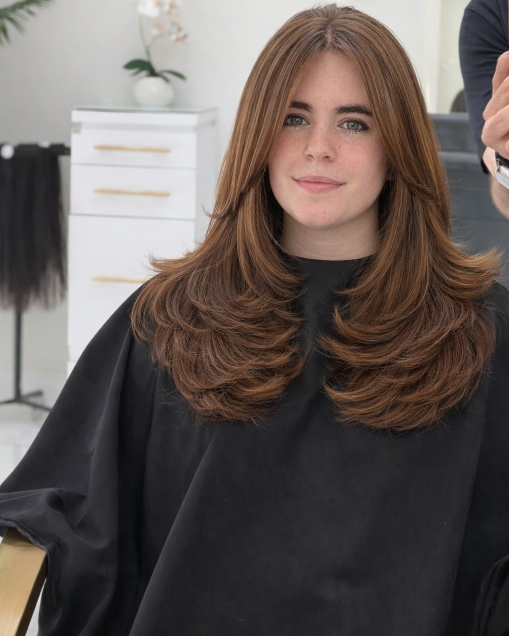 Sophisticated Long Layers With Face Framing Curtain Bangs