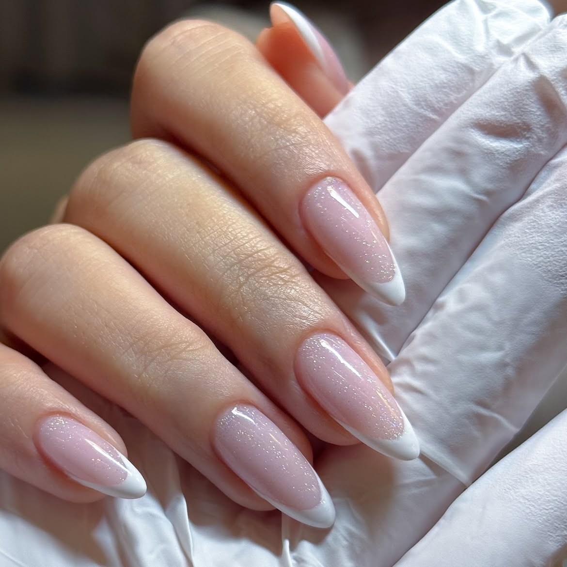 Sparkling Pink Almond French Wedding Nails