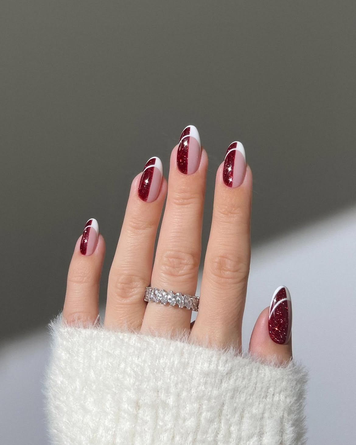 Sparkling Red & White French Oval Nails