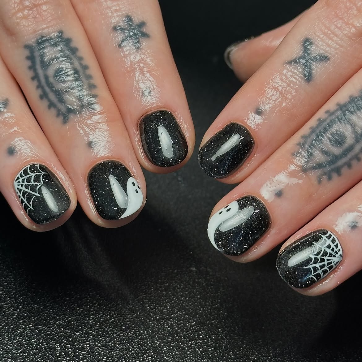 Sparkly Black Ghost and Spiderweb Halloween Nails