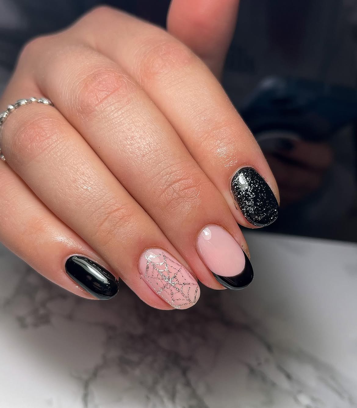 Sparkly Spiderweb French Halloween Manicure
