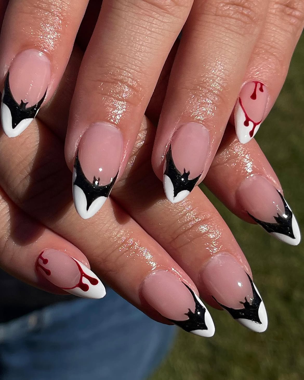 Spooky Bat French Tips With Dripping Blood Accents