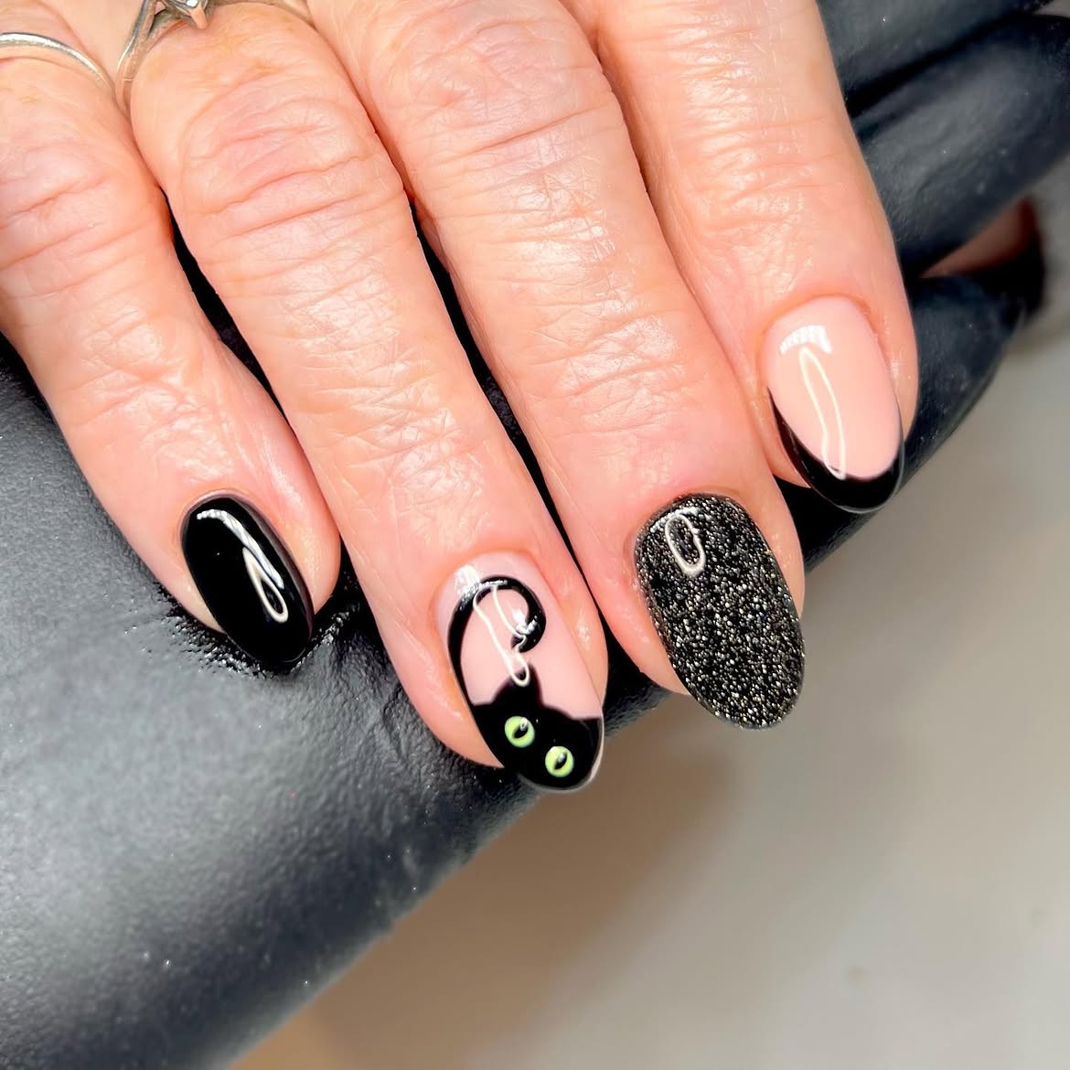 Spooky Black Cat Halloween French Manicure