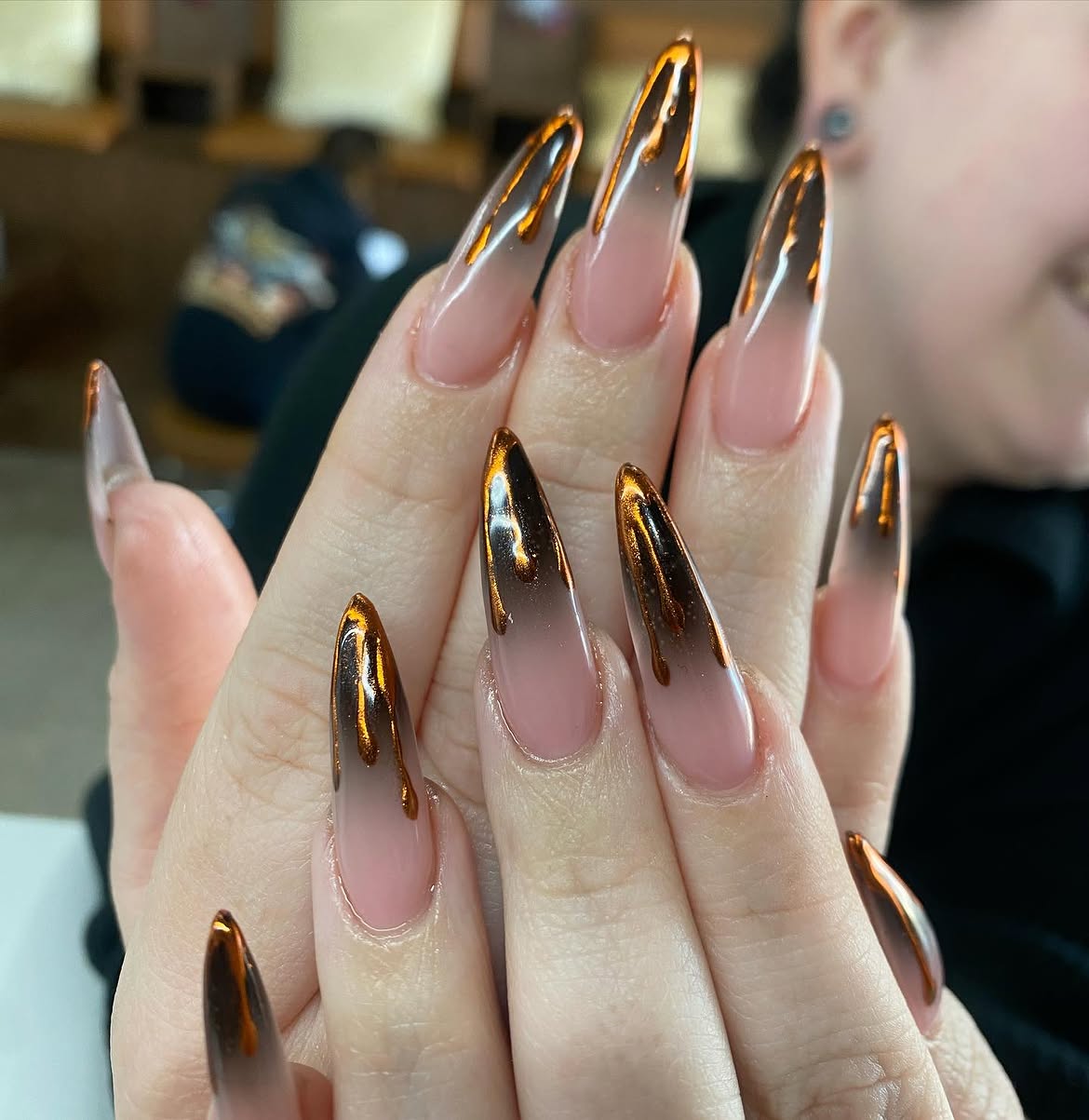 Spooky Dripping Bronze Stiletto Nails