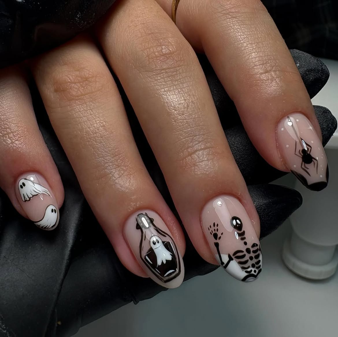Spooky Ghost and Skeleton Halloween Nail Art