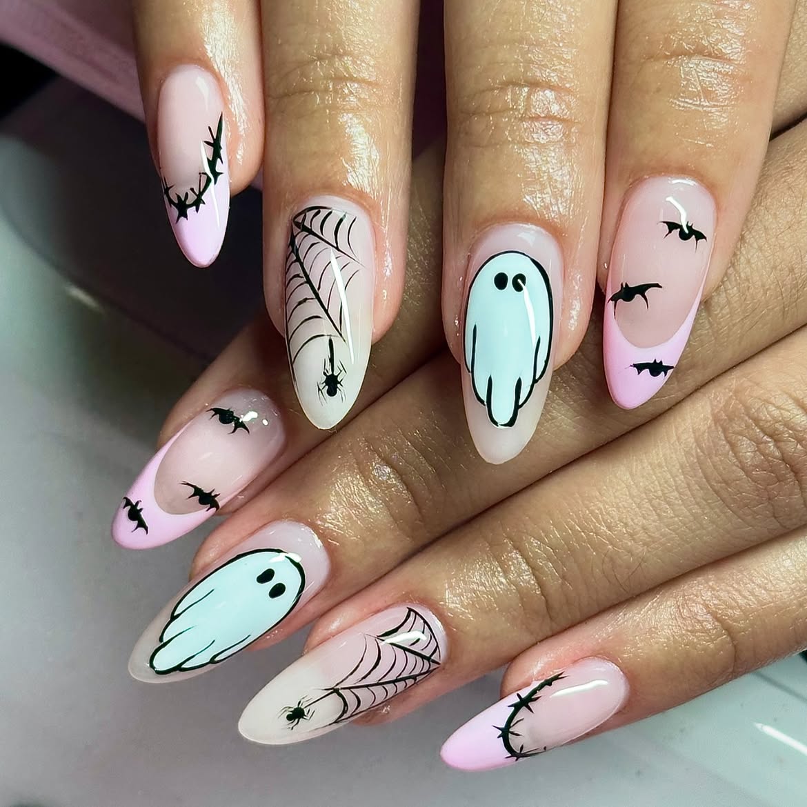 Spooky Ghost and Spiderweb Halloween Almond Nails