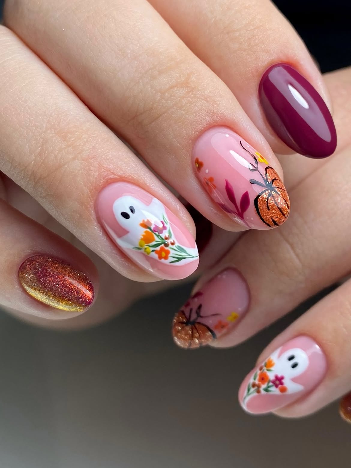 Spooky Ghost Floral Halloween Almond Nails