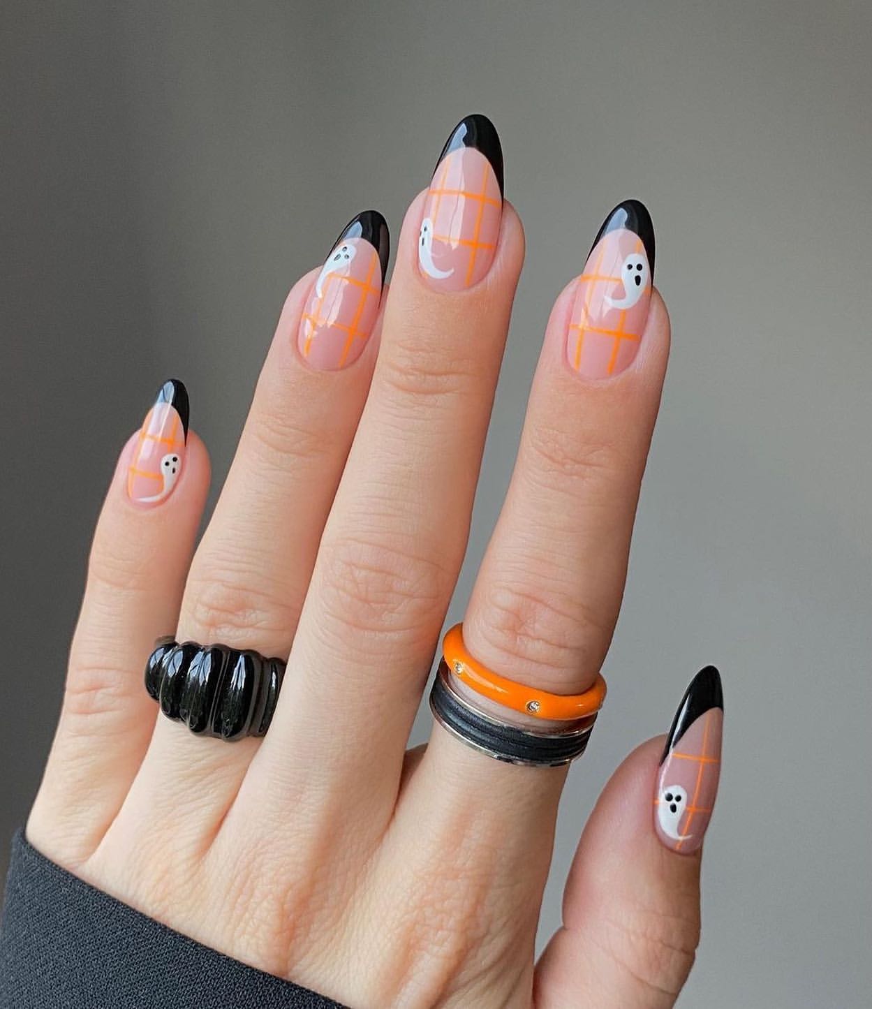 Spooky Ghost Plaid French Tip Halloween Nails