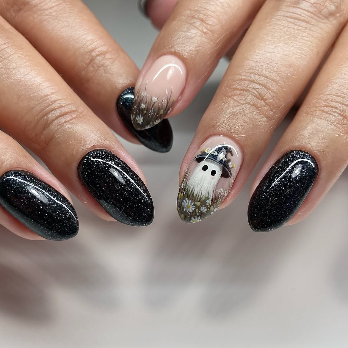 Spooky Ghost Witch Hat Halloween Almond Nails