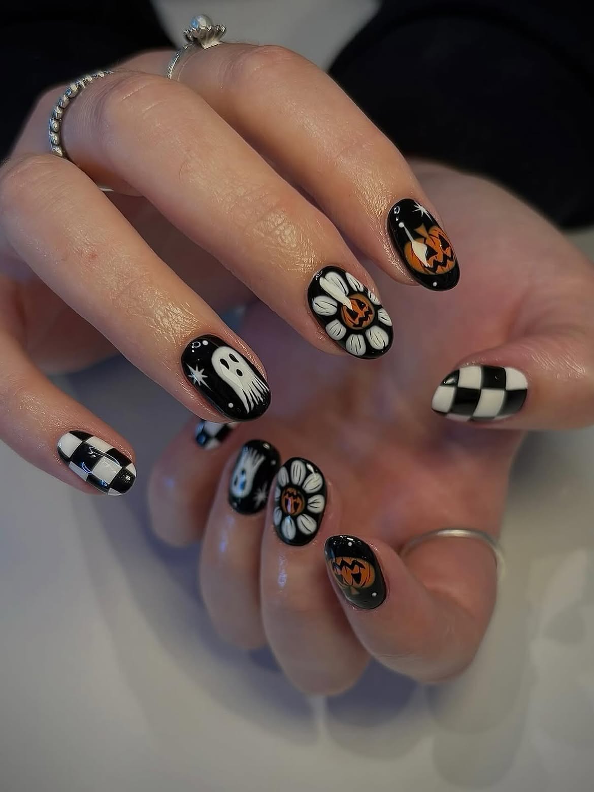 Spooky Halloween Oval Nails with Ghosts and Pumpkins